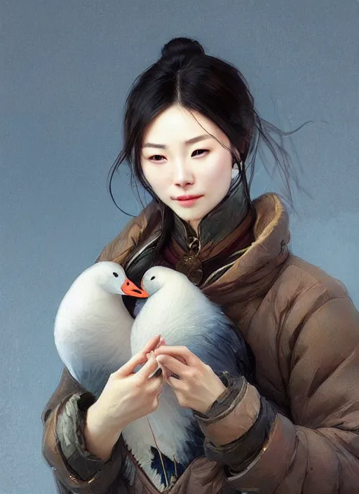 Image similar to a beautiful chinese woman in down jacket ， a goose ， winer ， wenjun lin intricate, elegant, highly detailed, digital painting, artstation, concept art, matte, sharp focus, illustration, hearthstone, art by artgerm and greg rutkowski and alphonse mucha