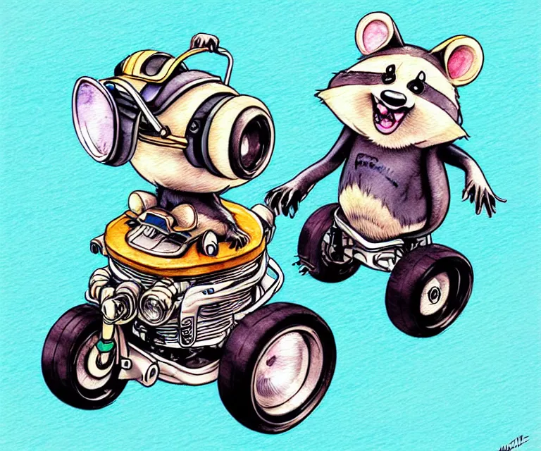 Image similar to cute and funny, racoon wearing a helmet riding in a tiny motorized wheelchair, ratfink style by ed roth, centered award winning watercolor pen illustration, isometric illustration by chihiro iwasaki, edited by range murata