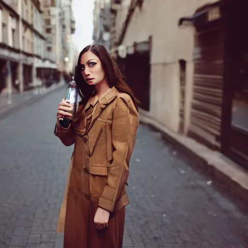 Image similar to photograph of woman holding a bottle in street, fashion shoot, award winning, kodak, 4 k, realistic intricate detail, hyper detail, woman very tired, full body potrait holding bottle, hazel green eyes, realistic, highlydetailed, natural, masterpiece, sharp focus, jennysaville