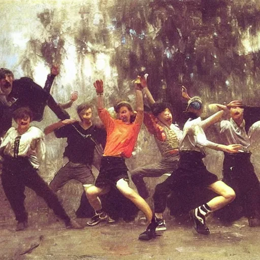 Prompt: a group of teenage boys doing TikTok dances. Ilya Repin and Ruan Jia