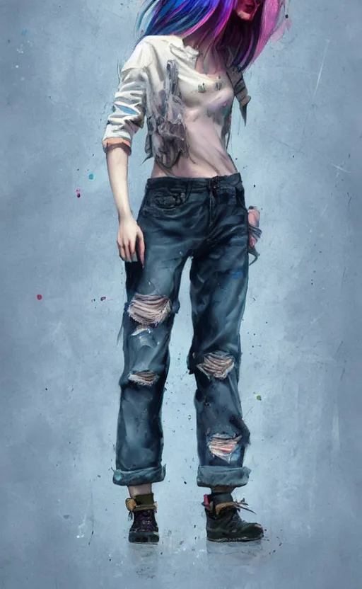Image similar to a grungy woman with rainbow hair, drunk, soft eyes and narrow chin, dainty figure, long hair straight down, torn kawaii shirt and baggy jeans, basic white background, In style of by Jordan Grimmer and greg rutkowski, crisp lines and color,