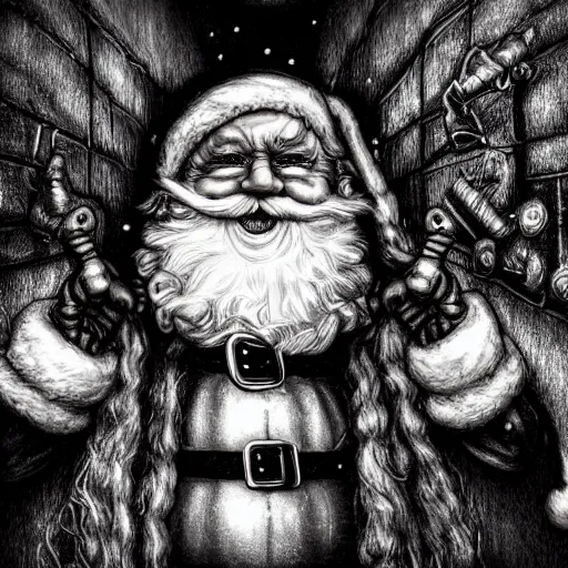 Image similar to you better watch out you better not cry you better not pout i'm telling you why santa claus is coming to town, in the style of h. r. giger, horror, dark, grain, realistic lighting, monochromatic