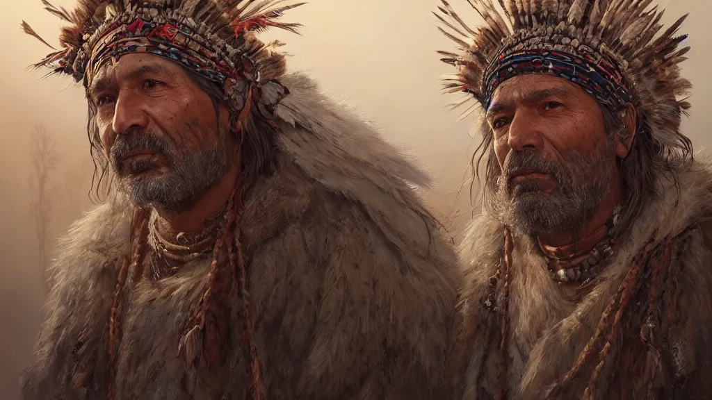 Image similar to highly detailed portrait of a grizzled indigenous man, feathered headdress, traditional clothing, unreal engine, fantasy art by greg rutkowski, ferdinand knab, makoto shinkai and lois van baarle, ilya kuvshinov, rossdraws, tom bagshaw, global illumination, radiant light, detailed and intricate environment