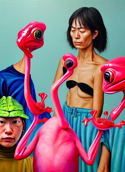 Image similar to hyper realistic detailed painting of a frog criminal family in japanese clothes in an old italian restaurant eating roasted flamingos and drinking neon blue wine by Bel Fullana, Tony Matelli, Rhys Lee, Storm Thorgerson, and Danny Fox, neo expressionism art, semi naive, rich deep colors. Allison Schulnik painting, part by Adrian Ghenie and Gottfried Helnwein. art by Ron Mueck. masterpiece