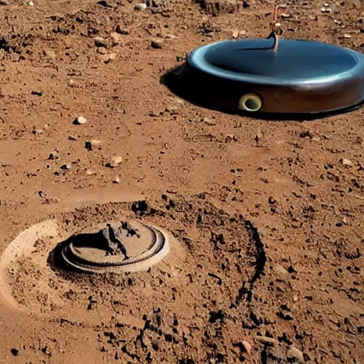 Prompt: a saucer shaped ufo stuck sideways in the dirt after crashing,