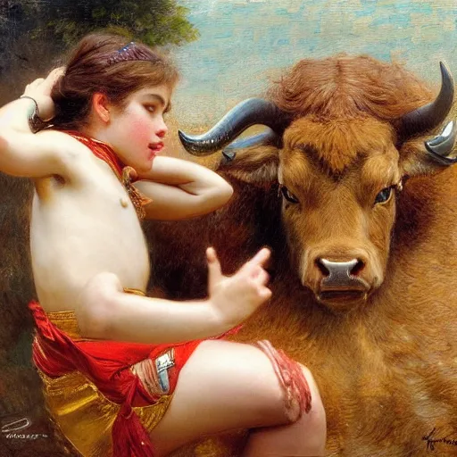 Prompt: a young girl giving the last blow to a dying bull, the girl is covered in the bull's blood, highly detailed painting by gaston bussiere and j. c. leyendecker 8 k