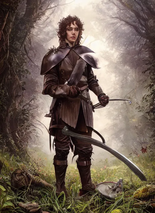 Image similar to a portrait painting of a grim fighter male hobbit wearing leather armor on a beautiful lush forest meadow, morning, art by Tristan Eaton, Stanley Artgerm, Tom Bagshaw, Greg Rutkowski, Carne Griffiths