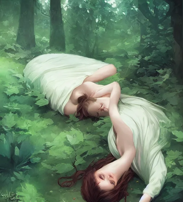 Prompt: girl lying in forest, art by charlie bowater