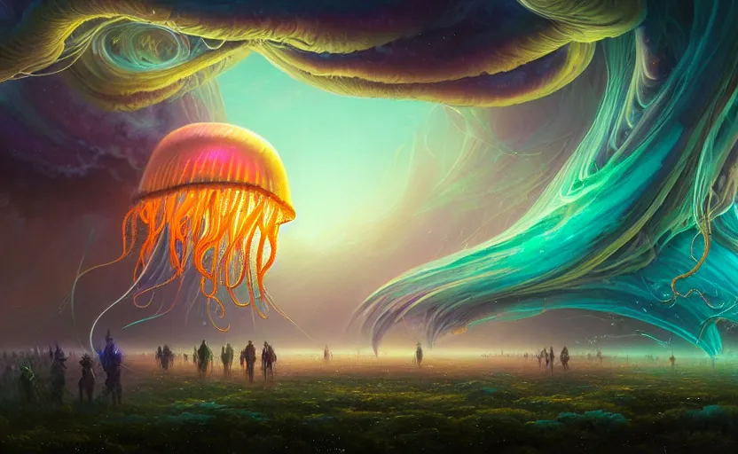 Prompt: highly detailed digital matte painting of an intricate gargantuan colorful cosmic jellyfish with thousands of tentacles flying over a field, by peter mohrbacher and emmanuel shiu and dan mumford, dusk, swirling accents, hyperdetailed, alien organic life, flowing tendrils, wide shot, volumetric lighting, cinematic angle, dramatic lighting, octane render, smooth