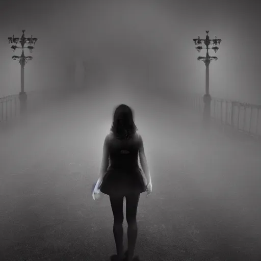 Image similar to girl in a creepy town covered in heavy fog and monsters