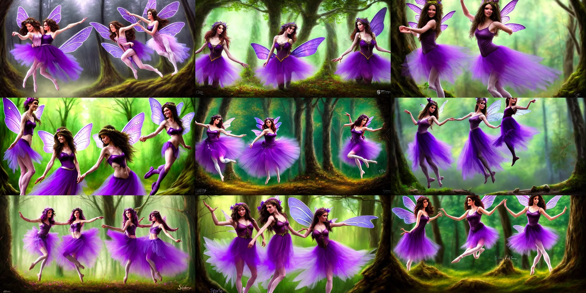 Prompt: two brunette fairy women wearing purple romantic tutus flying around a forest, fantasy art, highly detailed, sharp focus, elegant, beautiful, amazing, astonishing, marvelous, incredible, trending on artstation, by steve argyle