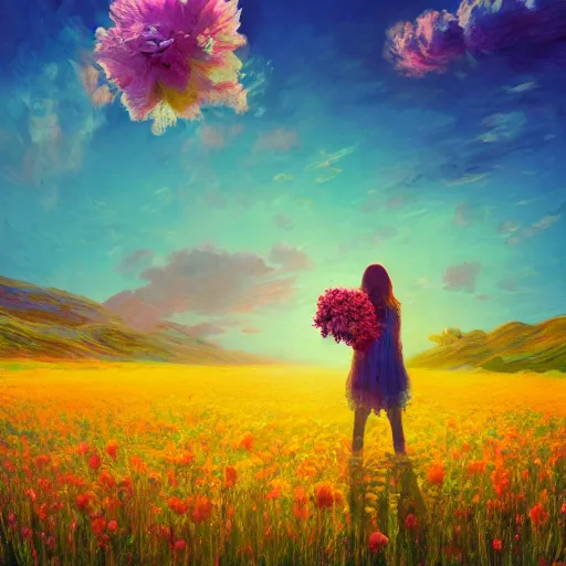 Prompt: girl with a blooming flower face, surreal photography, standing in flower field, in a valley, sunrise dramatic light, impressionistic painting, colorful clouds, artstation, simon stalenhag