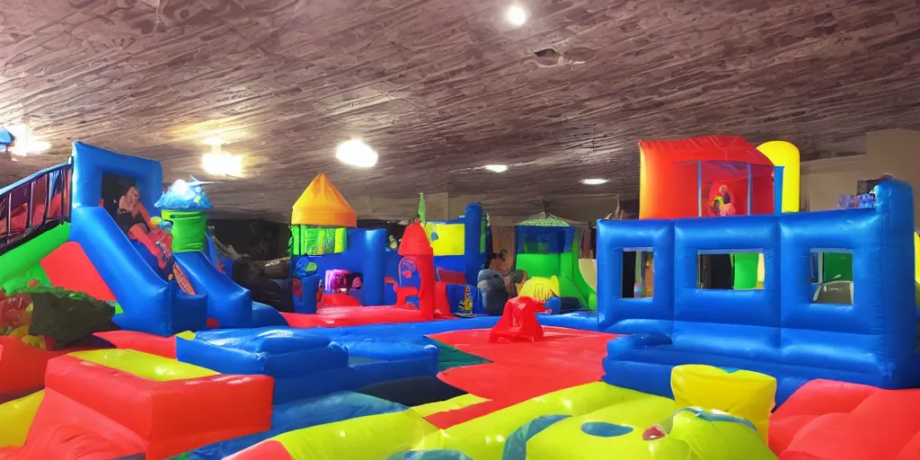 Image similar to a darkly lit indoor playplace bounce house photo taken with a deposable camera, limital space