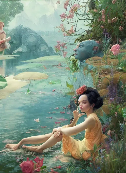 Image similar to beautiful fantasy painting scene of beautiful chill summer day, by Kenne Gregoire, James Jean, Tran Nguyen, WLOP, Jakub Rebelka. trending on Artstation, 8k, masterpiece, graffiti paint, fine detail, full of color, intricate detail, golden ratio illustration