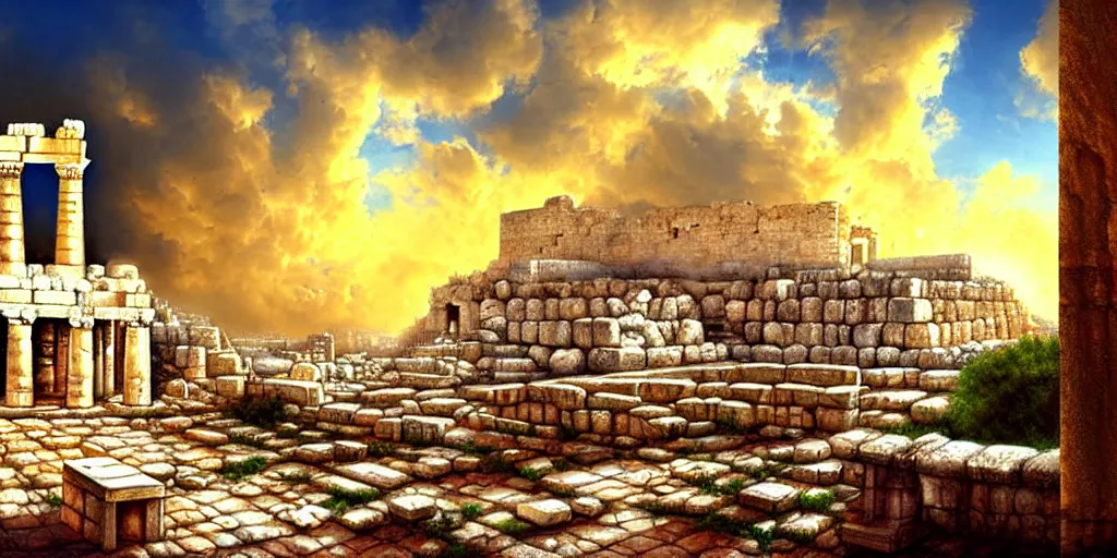 Prompt: illusion painting hidden image : an adorable small fox in the huge ruins of the second temple in jerusalem. the dreamy clouds above are shaped like the new temple. a hooded bearded old man in a brown tunic laughing, colorful 8 k, art station, intricate superb details, digital art, illusion painting hidden image.