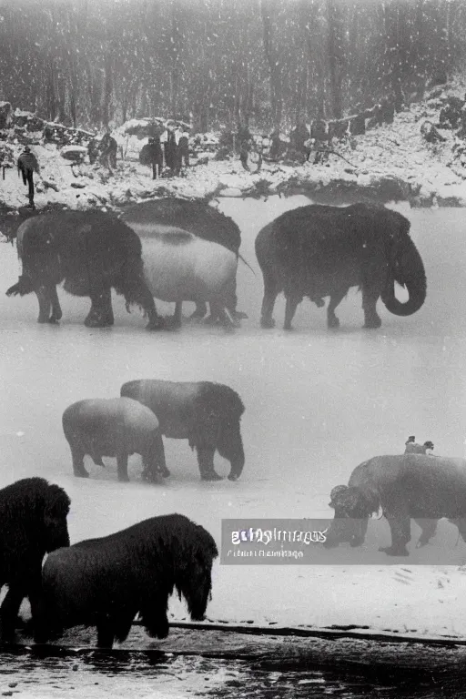 Prompt: a moody black and white photo from the early 1900s of a woolly mammoth crossing a river in Siberia, snow, cold, blizzard