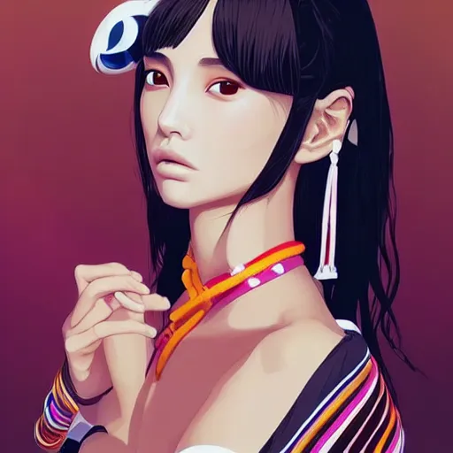 Image similar to a beautiful young japanese natalie portman alluring gravure model, stylized concept art, wearing elegant designer bomber jacket and one piece bikini, bomber jacket with mesoamerican patterns, mesoamerican native street fashion, princess mononoke, painted by ilya kuvshinov aesthetic, gorgeous, stunning, alluring, attractive, artstation, pinterest, digital art