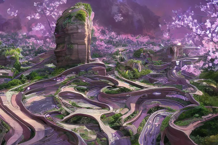 Prompt: futuristic cyberpunk city, advance civilization, luxurious streets, with lush Italian sakura garden located on Waimea canyon in Kauai, rocks formed by water erosion, beautiful smooth sandstone in unique shapes with light beams that shine through its walls, polish narrow slots of walls into a striated swirling finish, digital painting, concept art, smooth, sharp focus, from Star Trek 2021, illustration, by WLOP and Ruan Jia and Mandy Jurgens and William-Adolphe Bouguereau, Artgerm