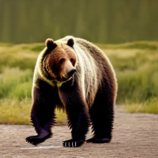 Prompt: a grizzly bear wearing a tuxedo walking on its hind legs, cinematic, realistic