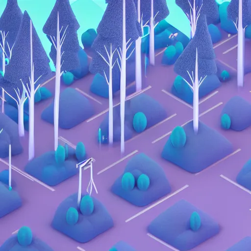 Image similar to isometric minimalistic chubby forest with magical trees, cinema 4 d, 1 0 0 mm, blue color scheme depth of field, octane render, studio lighting