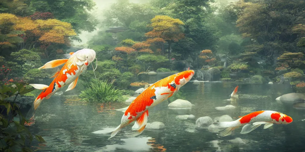 Prompt: giant koi fish flying through japanese garden, dim volumetric lighting, 8 k octane render, hdr, postprocessing, hyperdetailed, intricate, epic composition, cinematic lighting, masterpiece, trending on artstation, stunning art by anders zorn, extraordinary artwork by greg rutkowski