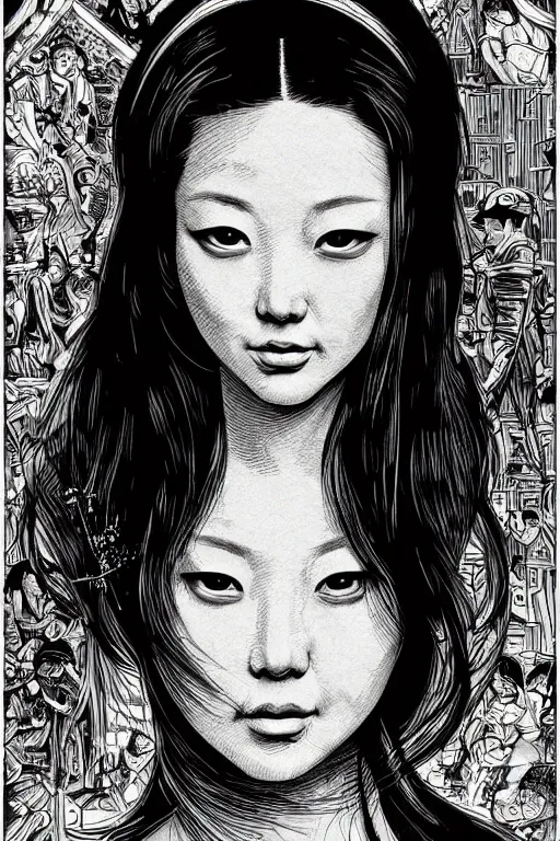 Image similar to beautiful portrait of a woman, negative no not mona lisa pose, highly detailed ink illustration of a dark alley of taipei, b & w clean shaped illustration by kim jung gi, ric estrada, ron english and eiichiro oda