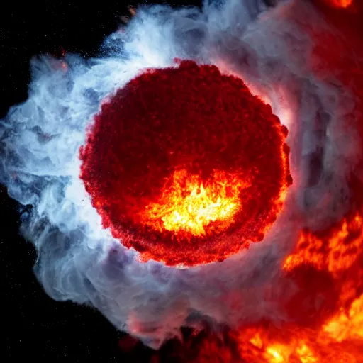 Image similar to red hot burning sphere embedded in fireball explosion with fire, 4 k