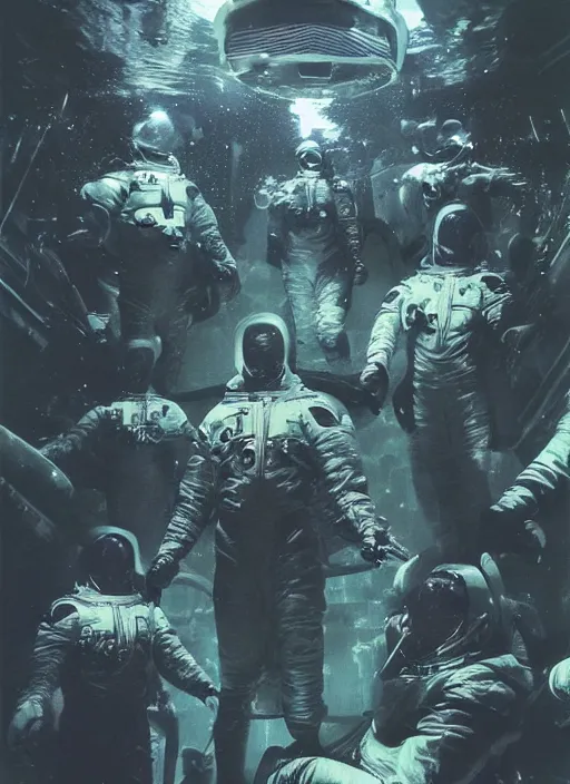 Image similar to astronauts in dark void underwater - complex and hyperdetailed technical suit. reflection and dispersion materials. rays and dispersion of light. volumetric light. f / 3 2. noise film photo. flash photography. ultra realistic, wide angle. poster by wayne barlowe, hajime sorayama aaron horkey, craig mullins