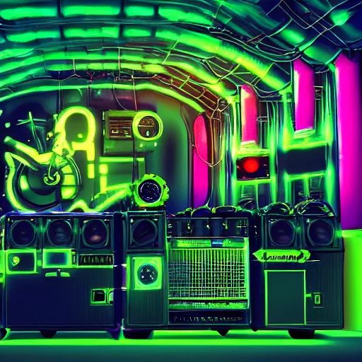 Image similar to album cover, album is called tripmachine, tripmachine, photo of a huge dieselpunk machine with guitars and drums and pianos, connected with glowing tubes 8 k, fluorescent colors, halluzinogenic, multicolored, exaggerated detailed, front shot, 3 d render, octane