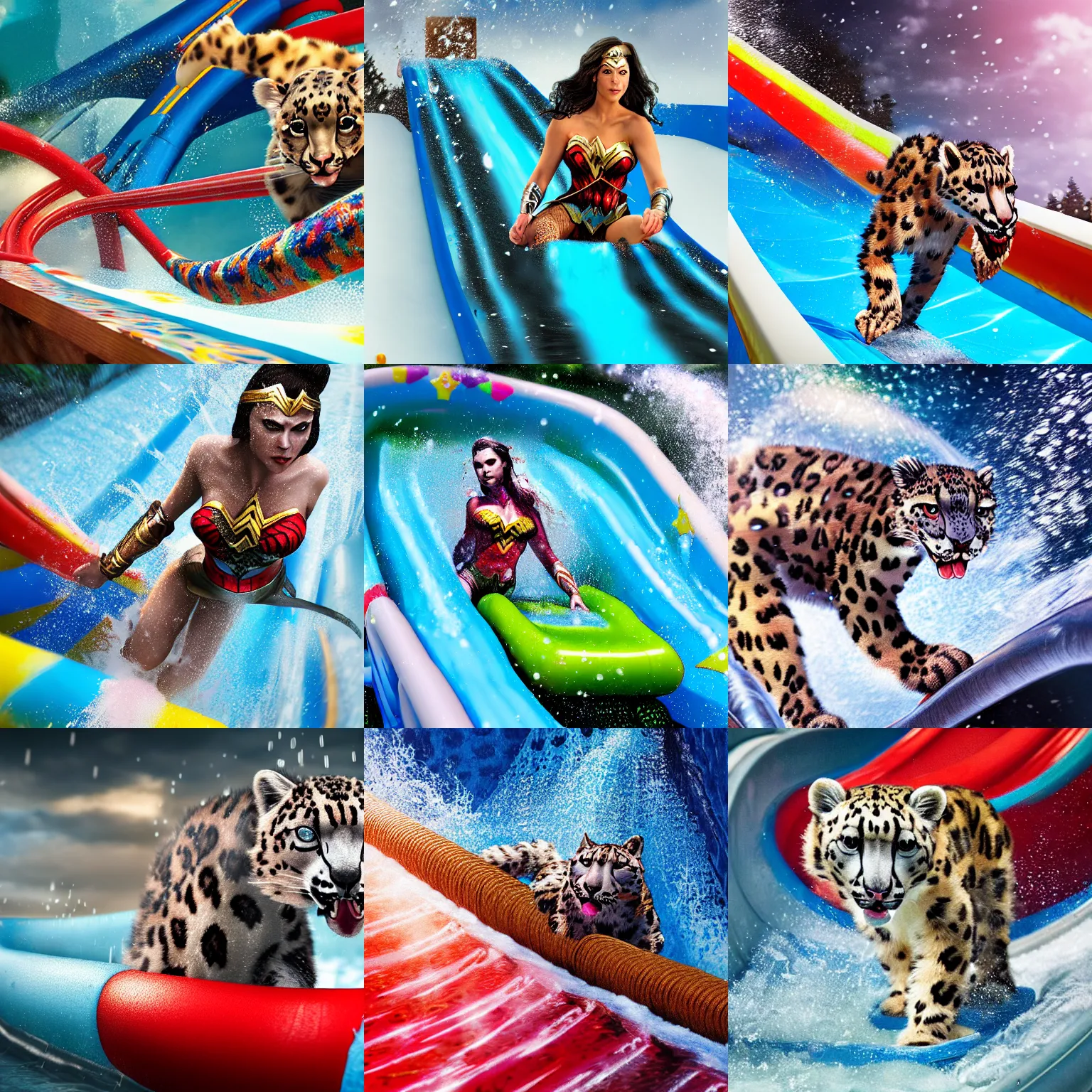 Prompt: a closeup photorealistic photograph of a colorful knitted wonder woman themed snow leopard riding down a water slide. splashing. professional capture. bright scene. this 4 k hd image is trending on artstation, featured on behance, well - rendered, extra crisp, features intricate detail, epic composition and the style of unreal engine.