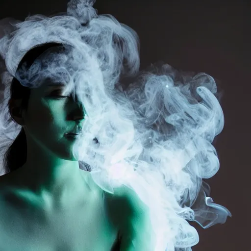 Image similar to woman made from coloured clouds and smoke, studio photo on a black background