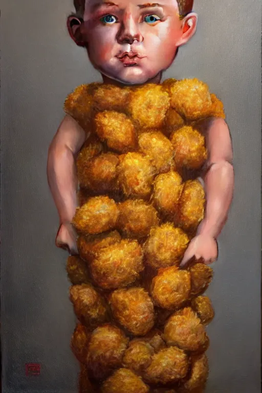 Image similar to channing tatum in a tater tot costume, oil on canvas, intricate, portrait, 8 k highly professionally detailed, hdr, cgsociety