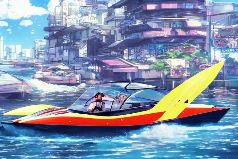 Prompt: speedboat Axopar 37 going full speed in front of shoreline city in anime cyberpunk style by Hayao Miyazaki