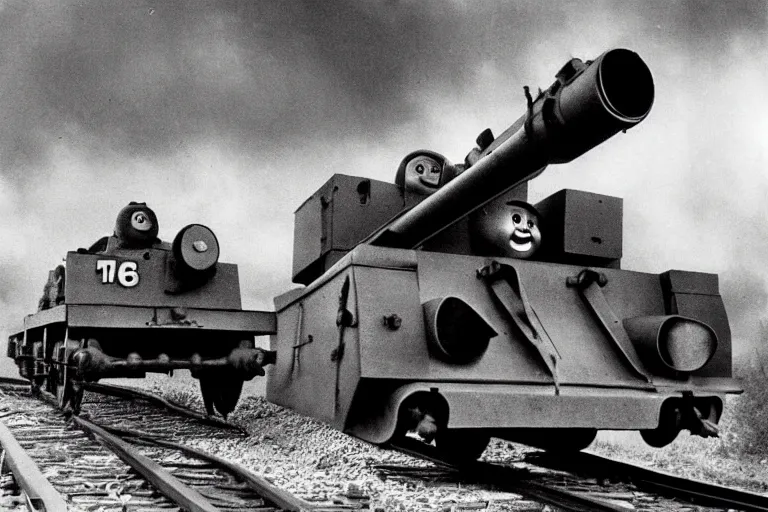 Prompt: WW2 era photograph, the face of Thomas the tank engine on a 800mm German rail artillery Schwere-Gustav shooting