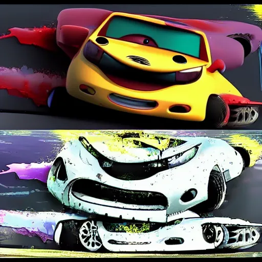 Prompt: a before and after shot of a cartoon car accident, hd cinematic cartoon,