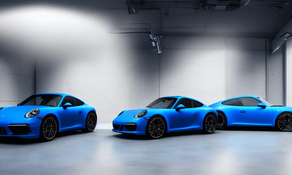 Prompt: photo of a blue porsche 911 standing in a garage, centered, mist, volumetric light, cinematic lighting, octane render, 4k