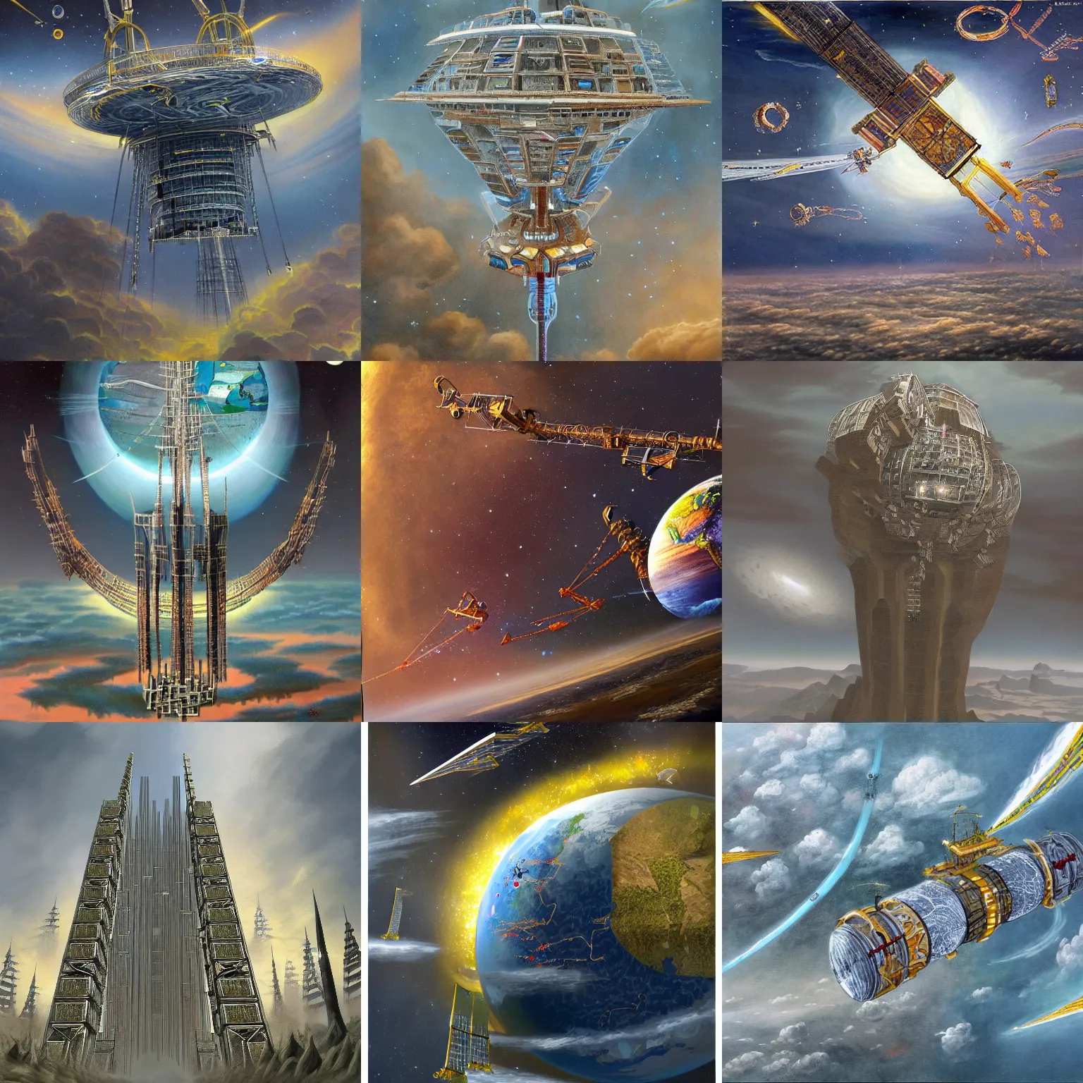 Prompt: an epic fantasy painting of a space elevator as a megastructure between earth and orbit