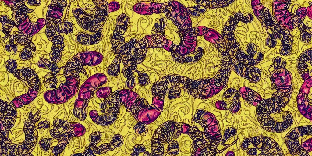 Prompt: versace gucci textile print design detailed intricate gold shrimp digital file high resolution