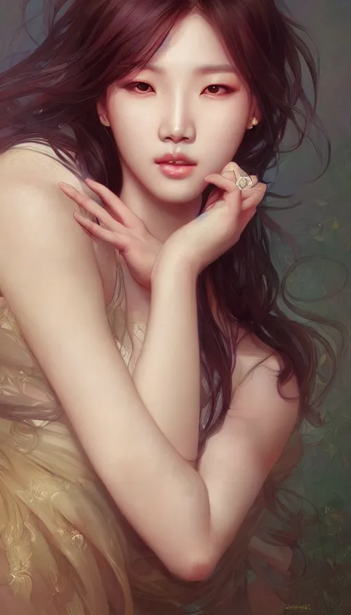 Image similar to portrait of kpop idol, dreamy and ethereal, expressive pose, fierce expression, intricate, rose tones, highly detailed, digital painting, artstation, concept art, smooth, sharp focus, illustration, art by artgerm and greg rutkowski and alphonse mucha