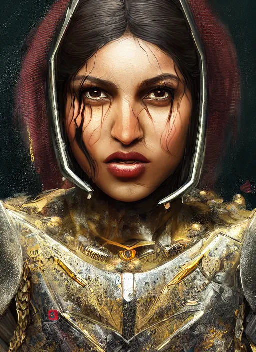 Image similar to portrait of m. i. a. - raw as a legendary knight warrior, au naturel, hyper detailed, digital art, trending in artstation, cinematic lighting, studio quality, smooth render, unreal engine 5 rendered, octane rendered, art style by klimt and nixeu and ian sprigger and wlop and krenz cushart.