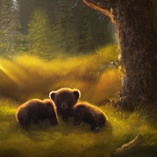 Prompt: a very very beautiful artwork of three bear cubs camping in a tent in the wood, sunset, vivid colors, soft lighting, atmospheric, cinematic, moody, trending on artstation, oil on canvas, 8K