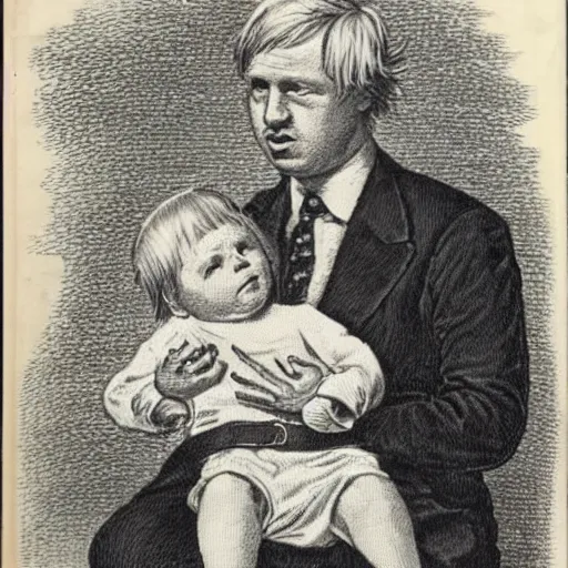 Image similar to victorian medical illustration of boris johnson as a baby in a pram