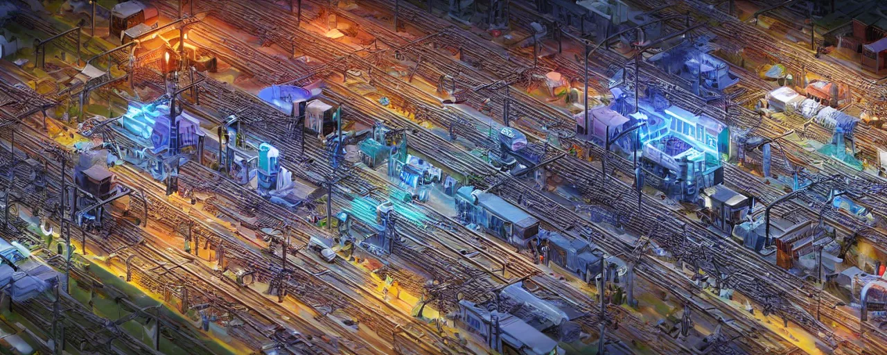 Image similar to mega detailed miniature voxel diorama of huge railway junction, futuristic architecture, tilt shift, industrial lights, by night clean and sterile atmosphere, several trains nearby, near future 2 0 3 0