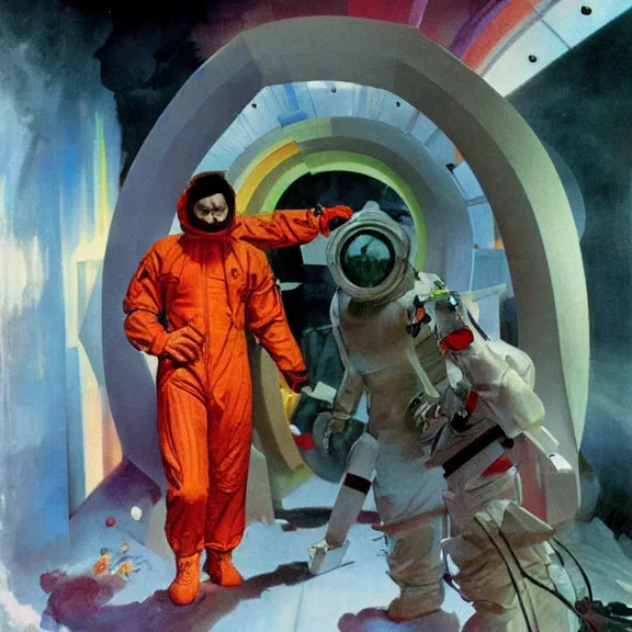 Prompt: two scientists, one wearing a red hazmat suit and the other wearing a white hazmat suit, entering the geometric rainbow crystal dimensional gateway by frank frazetta