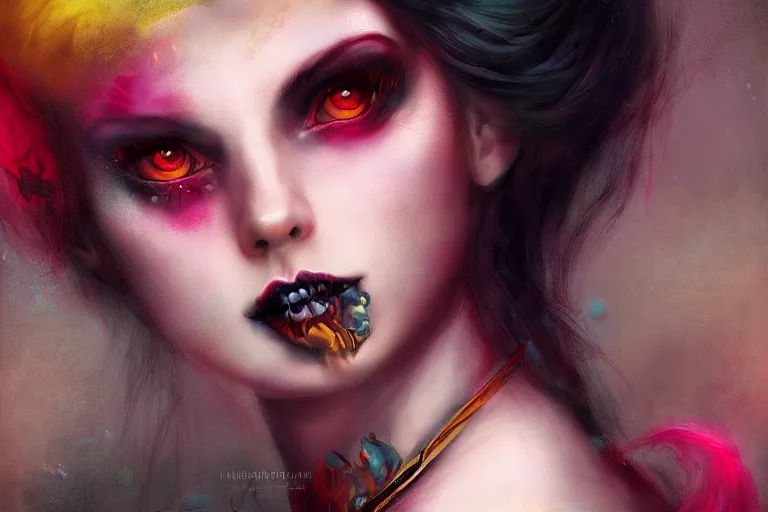 Image similar to pretty demon girl with horns photograph in the style of tom bagshaw, colorful, realistic, 8 k