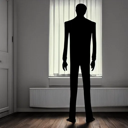 Prompt: slenderman standing in a dark bedroom, 8k, super detailed, extremly realistic, sharp