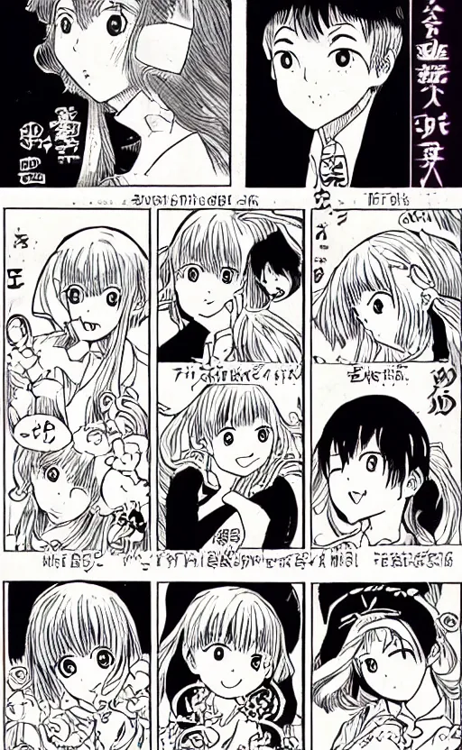 Image similar to multi-panel manga comic by Naoko Takeuchi and Junji ito, four panel black and white 4-koma, School comedy shoujo manga