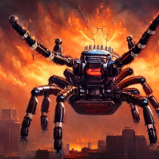 Prompt: beautiful oil painting with high detail of a mechanical spider attacking city and art direction by James Cameron ;by artgerm; wayne reynolds art station; cinematic quality character action render; ultra high quality model; production quality cinema model; flaming plasma aesthetic