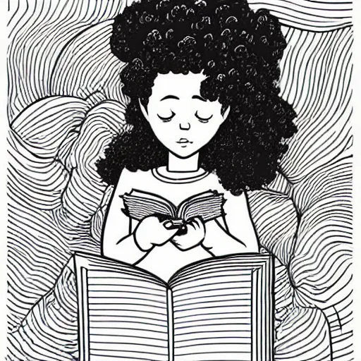 Image similar to clean simple line art of a little girl with wavy curly hair reading a book. white background. well composed, clean black and white line drawing, beautiful detailed face. illustration by josan gonzalez and steve ditko and greg rutkowski