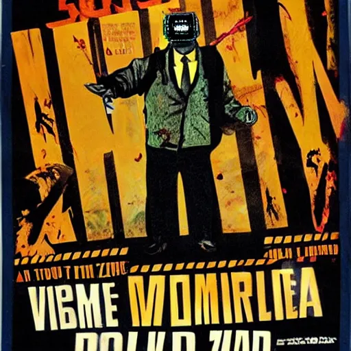 Prompt: old film poster zombie wearing vr, text reads zombie,!!!!!!!!! zombie!!!!!!!!!